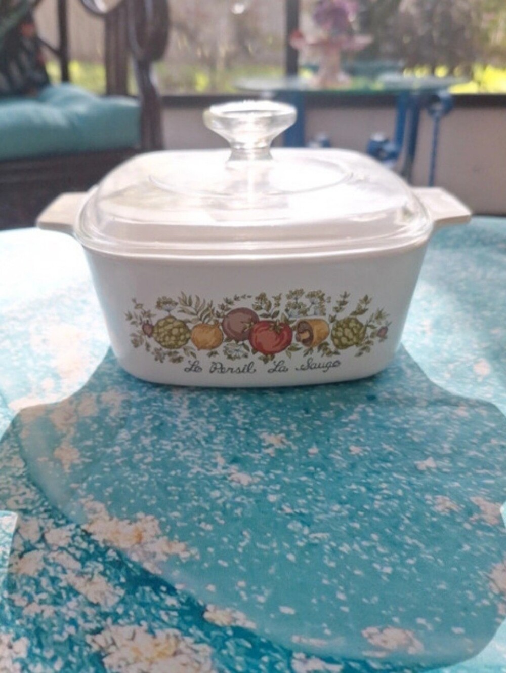 Corningware White Glass Casserole Dish with Veggie Motif - White